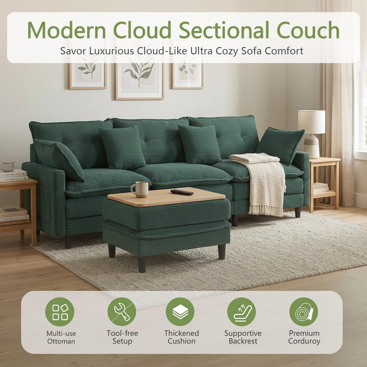 107.3'' Oversized Cloud Couch L Shaped Modular Sectional Sofa, Premier Comfy Corduroy Couch with Ottoman, Modern 3 Deep Seat Sectional Couches for Living Room, Solid Wood Frame&Spring,Tool-Free Green
