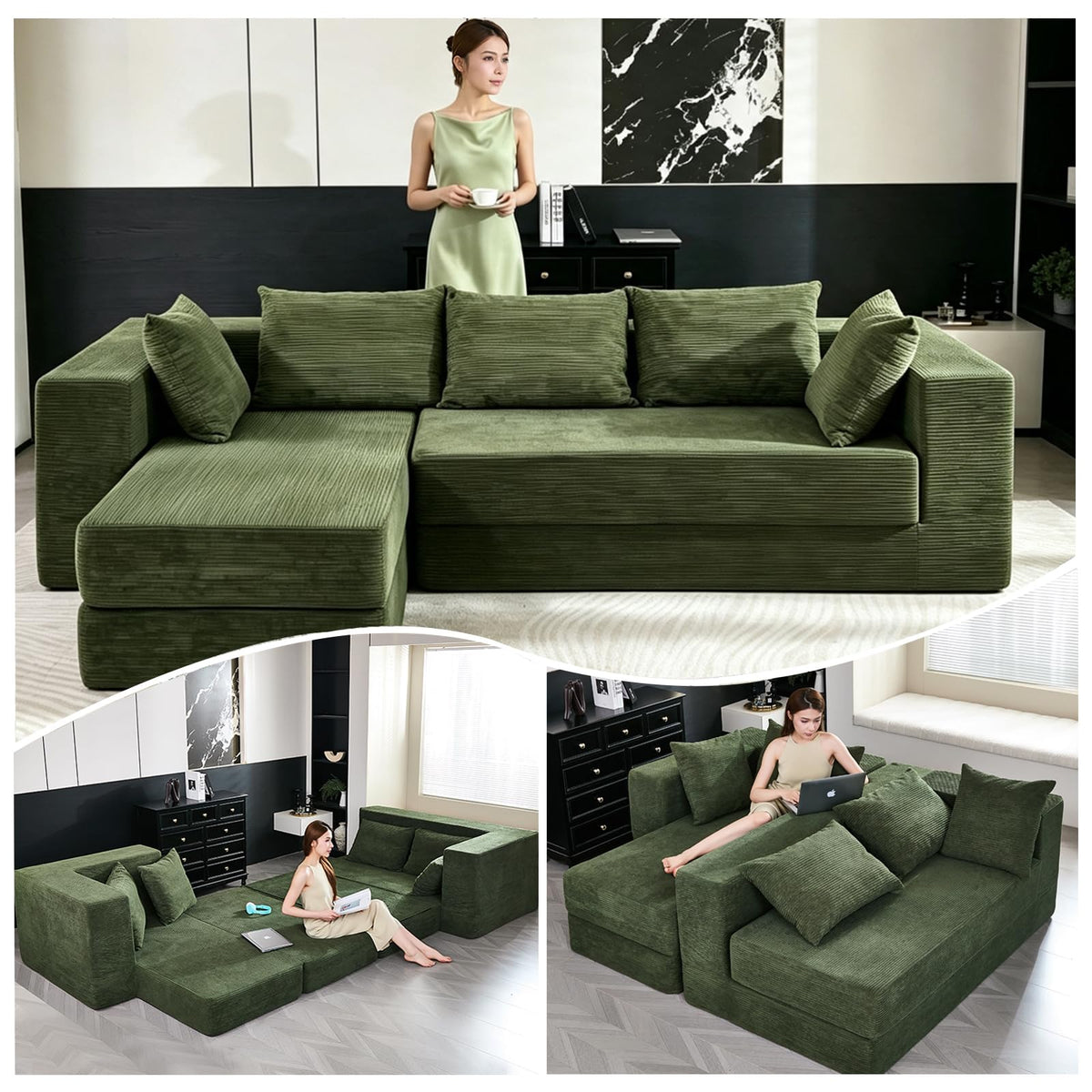 108" Boneless Sectional Chaise Couch, 17.5" Seat Height,Black Grey