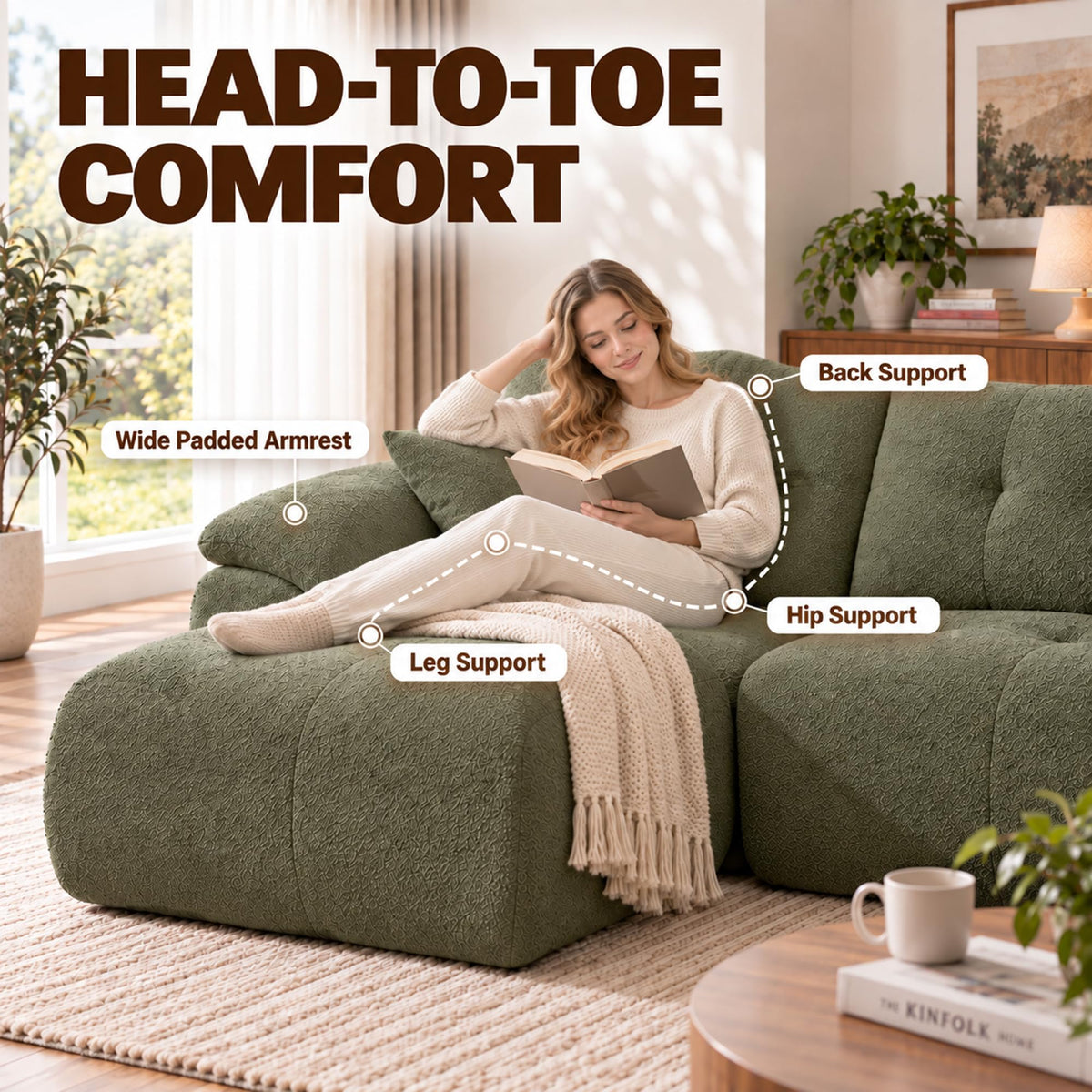 115" Boneless Modular Sectional Couch with Ottoman for Living Room