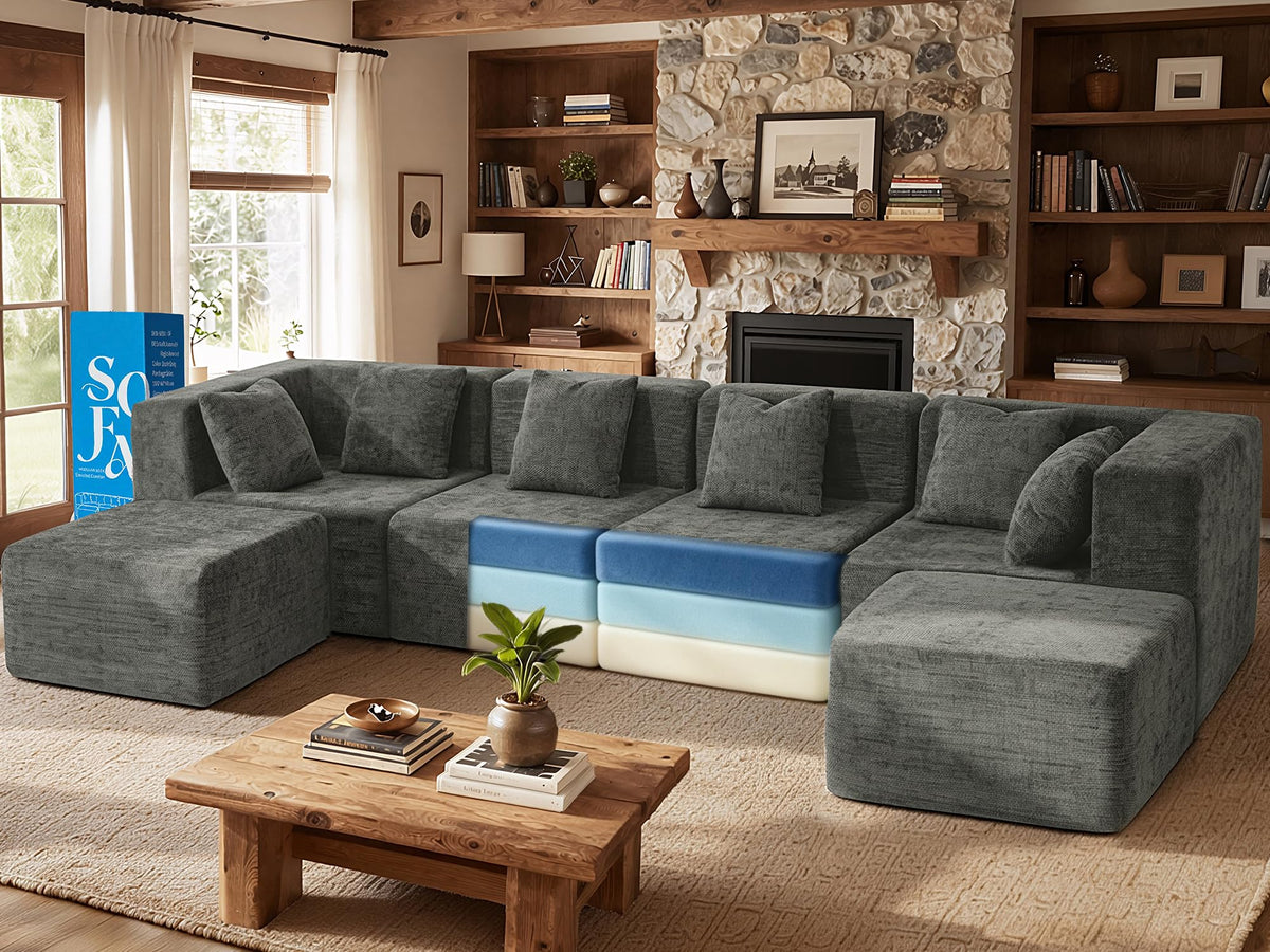 103" Three-Layer Sponge Boneless Couch sectional for Living Room Modular sectional Sofa High-Back 4-Seater L-Shape Couch with Ottoman Memory Foam Waterproof Chenille Black