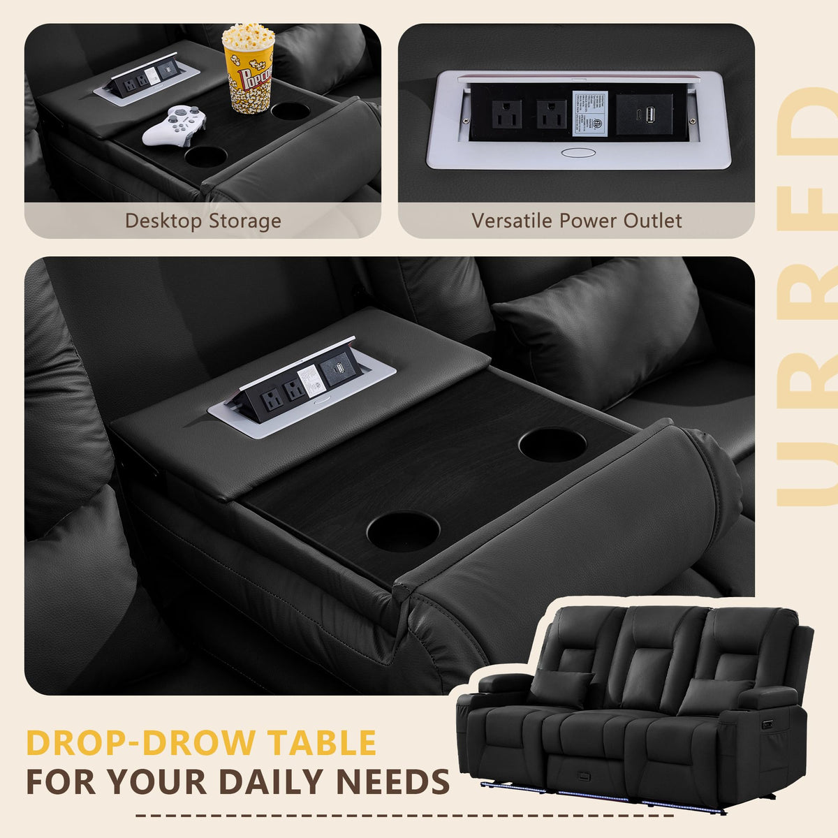 URRED Power Loveseat Recliner Sofa with Console, Wall Hugger Reclining Loveseat RV Couch with LED Light, 150° Zero Gravity Recliners Modular Couches for Living Room (Black, 77.3'' - 3 Seats)