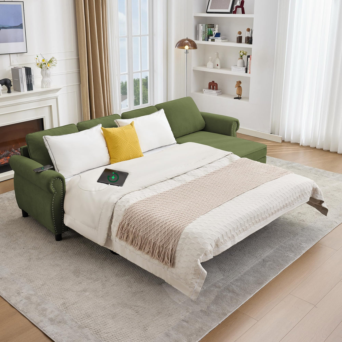 106.5" Pull Out Sofa Bed,L Shaped Modular 4 Seater Couch,2-in-1 Sleeper Sofa,Wireless Charging, USB Charging Ports,Memory Foam Mattress,Storage Space