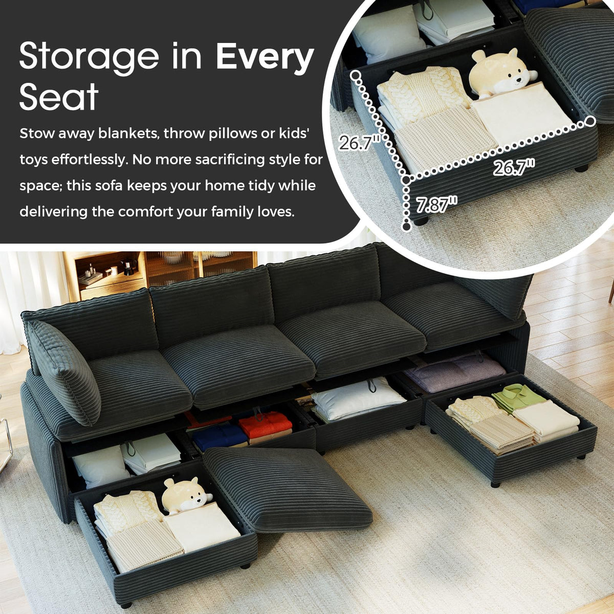 10 Seat U Shaped Modular Corduroy Sofa Bed Couch with Hidden Storage and Movable Ottomans Deep Seat Convertible Sectional for Sectional Couches for Living Room Bedroom, Black