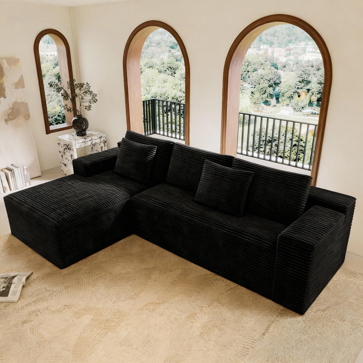 104.3" Cloud Sectional Couch with L Shape Chaise,Modular Sofa with Deep Seat, Upholstered Couches for Living Room Bedroom,No Assembly Required, Black(Plush Corduroy Fabric)