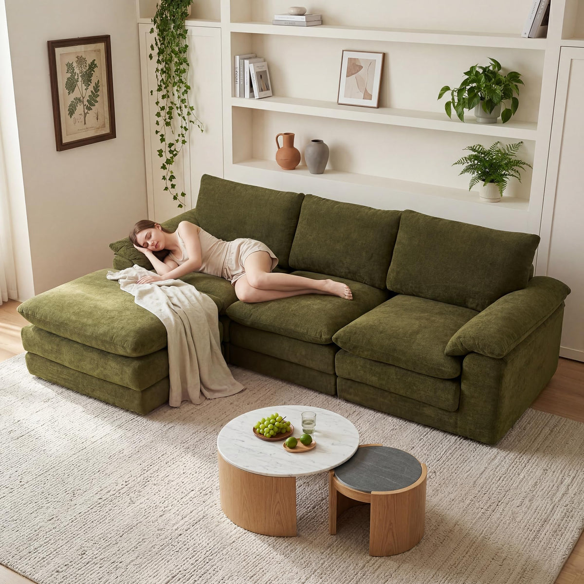 100" Modular Sectional Sofa, L Shape Cloud Couch with 1 Movable Ottoman, Comfy Chenille Deep Seat Sofa with Soft Pillows for Living Room Apartment