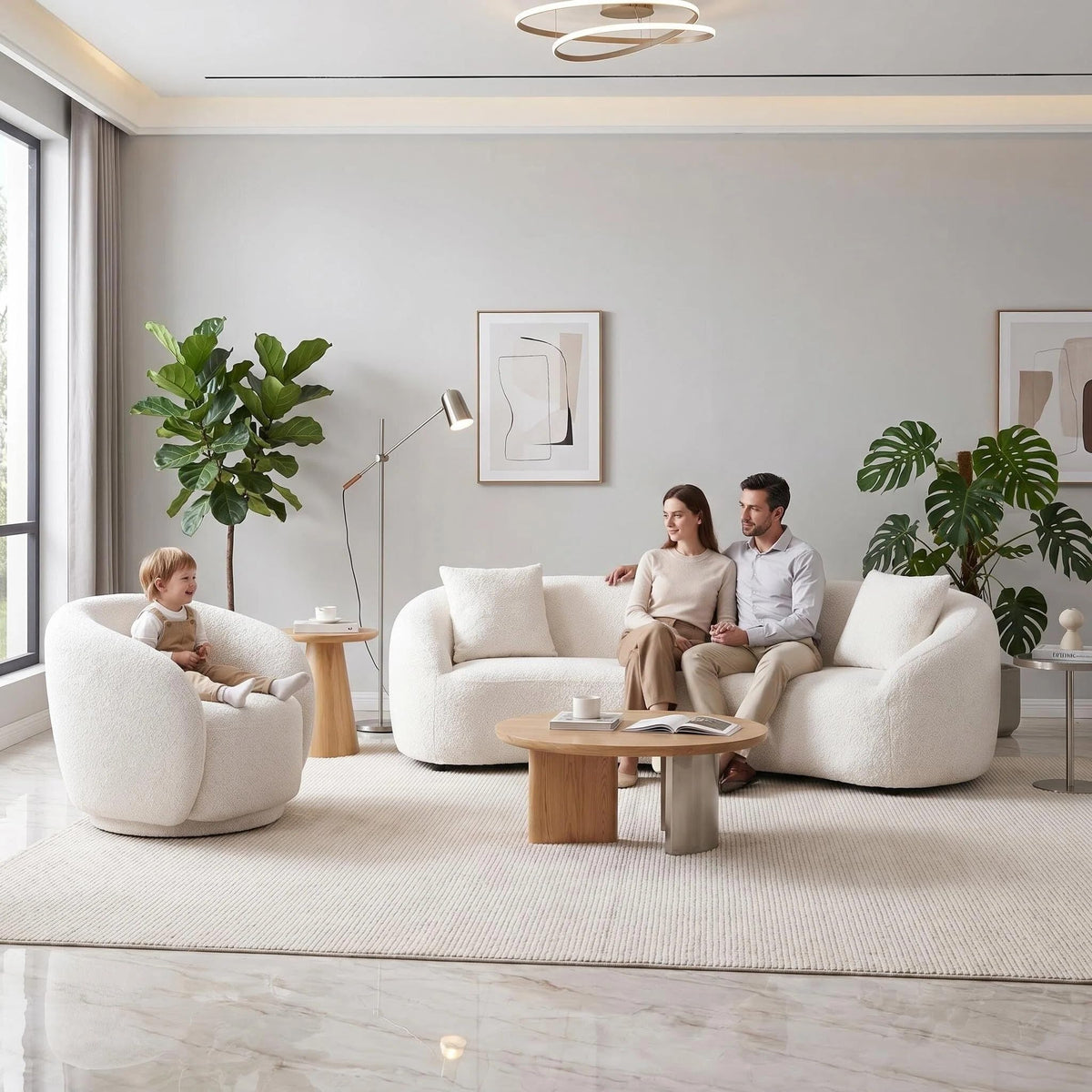 White Curved Sofa Set of 3, Solid Wood Frame, 5 Seater, Pillows, Modern