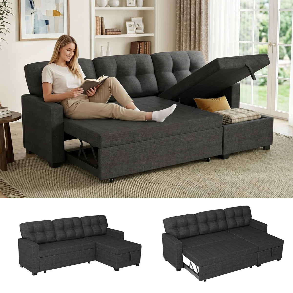 104.5" Sleeper Sectional Sofa Bed, L-Shaped Pull Out Couch