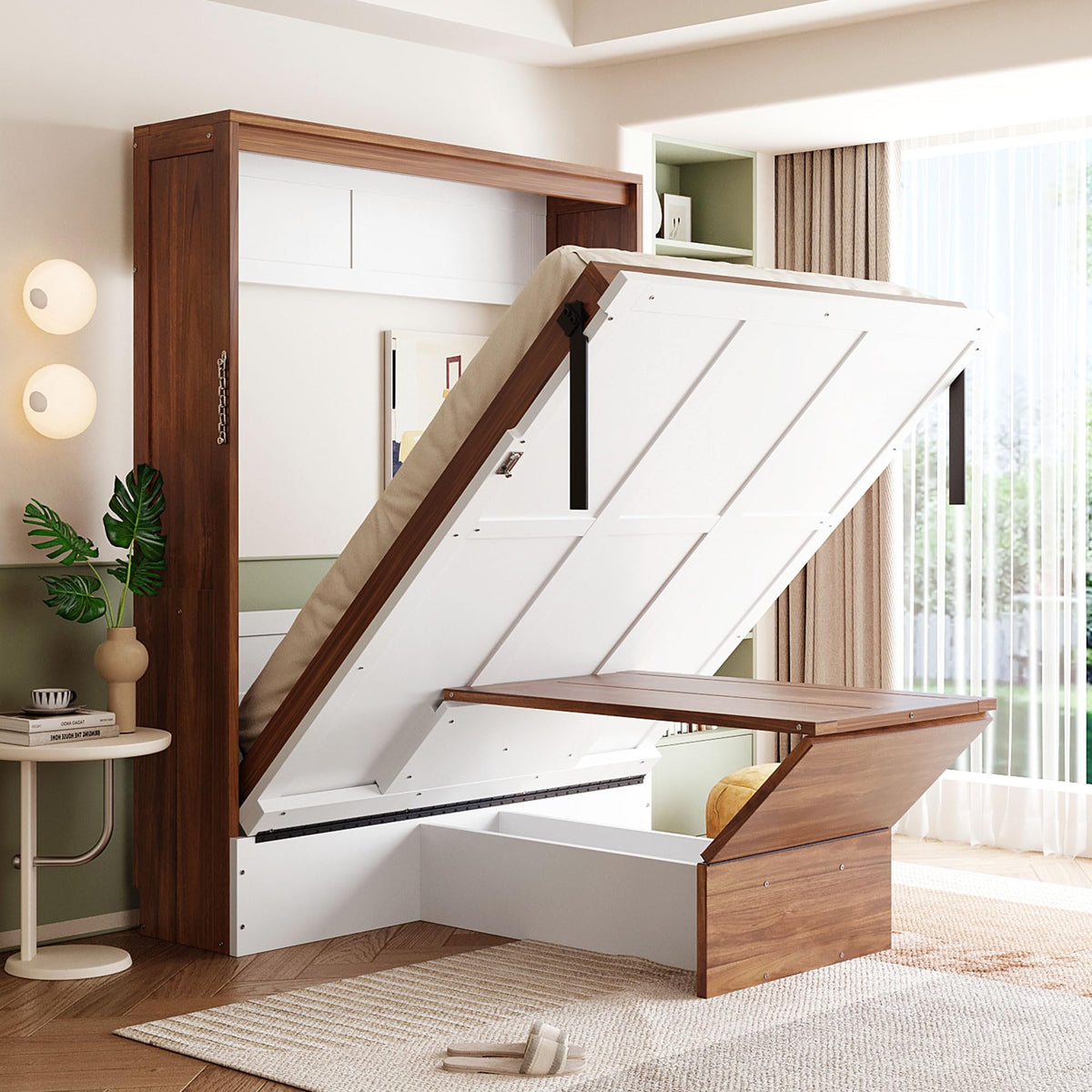 Wood Murphy Bed with Sofa, 4 Storage Shelves and USB Charging Station