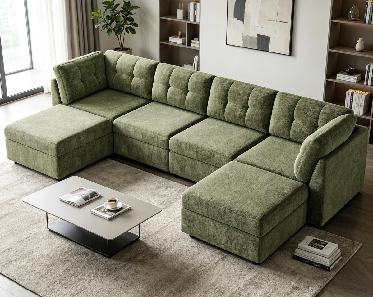 VANOMi Sectional U-Shaped Sofa for Living Room, Modualr Sofa Couch, Green