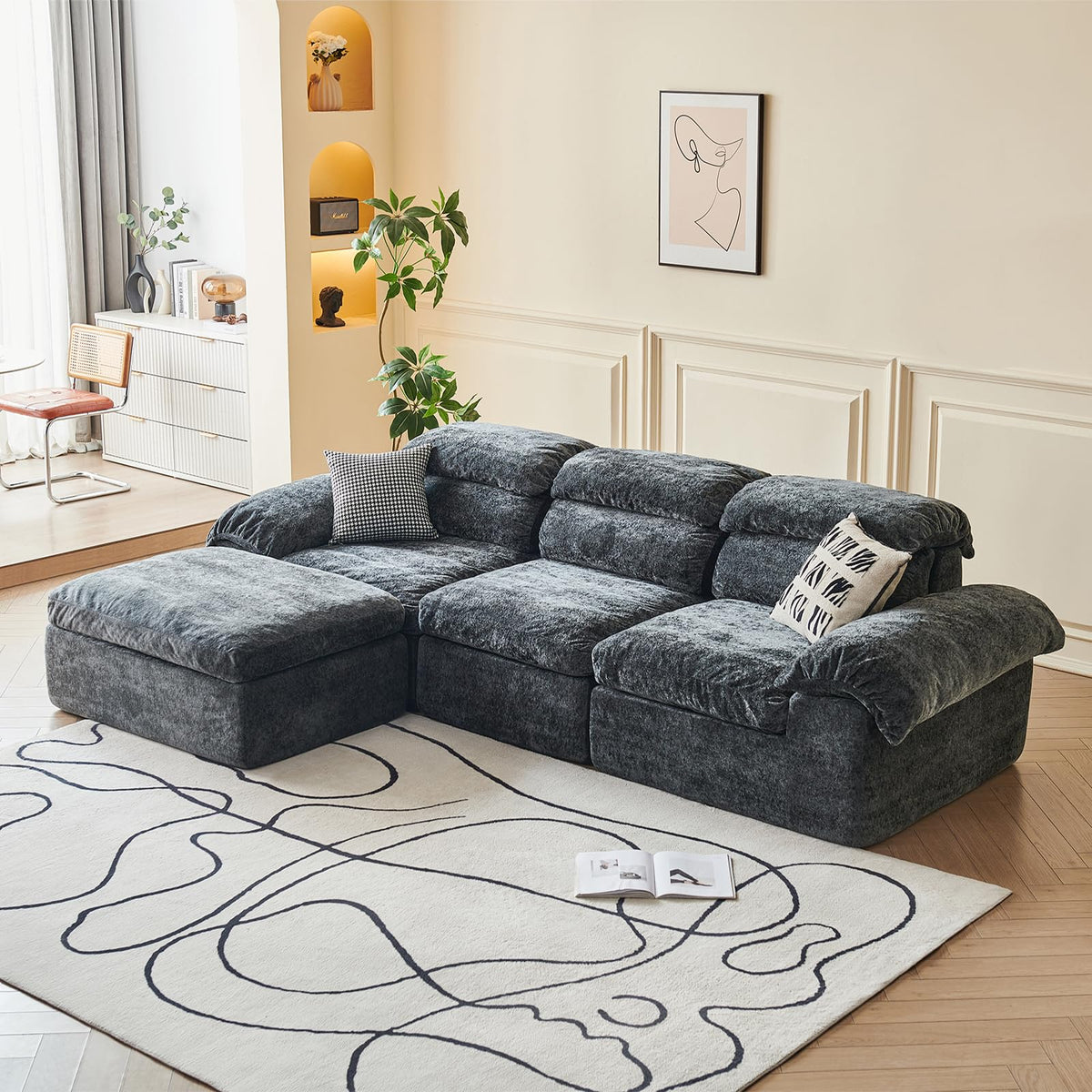 115.7" L Shaped Modular Sectional Sofa with Ottoman, Cloud Boneless Couch, Upholstered Sofa in a Box, Flexible Module Combination for Living Room, No Assembly, Grey
