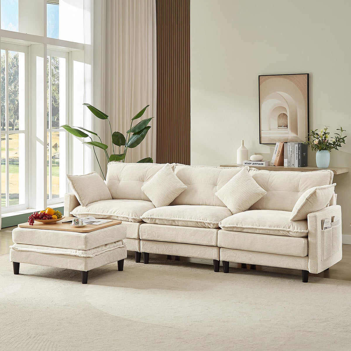107.3'' Oversized Cloud Couch L Shaped Modular Sectional Sofa, Premier Comfy Corduroy Couch with Ottoman, Modern 3 Deep Seat Sectional Couches for Living Room, Solid Wood Frame&Spring,Tool-Free Green
