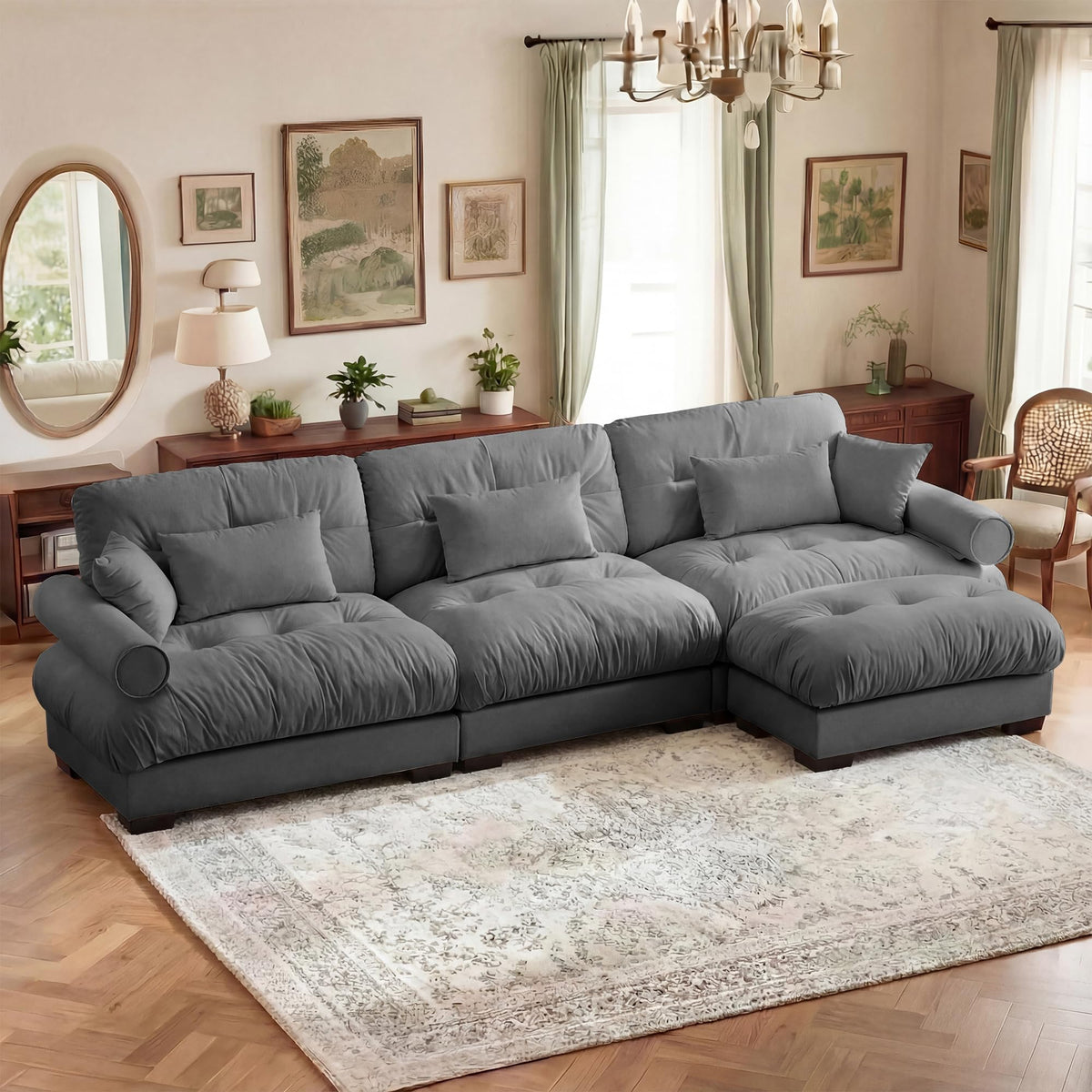 130" Cloud Couch, Oversized 3-Seater Couch with Ottomans and Pillows, Deep Seat L Shaped Sofa, Comfy Velvet Fluffy Sofas Modular Sectional Couches for Living Room (Blue, 3 Seat + 1 Ottoman)