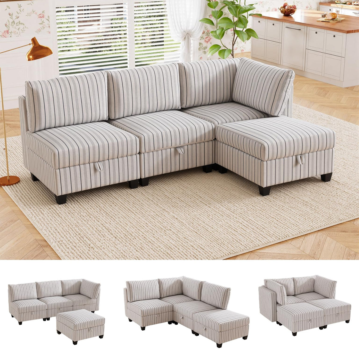 125" Oversized Modular 6 Seater Sofa with Removable Cover and Storage, Convertible U, L-Shaped Sofa, Modern Striped Fabric Couch with Movable Ottoman for Living Room, Apartment