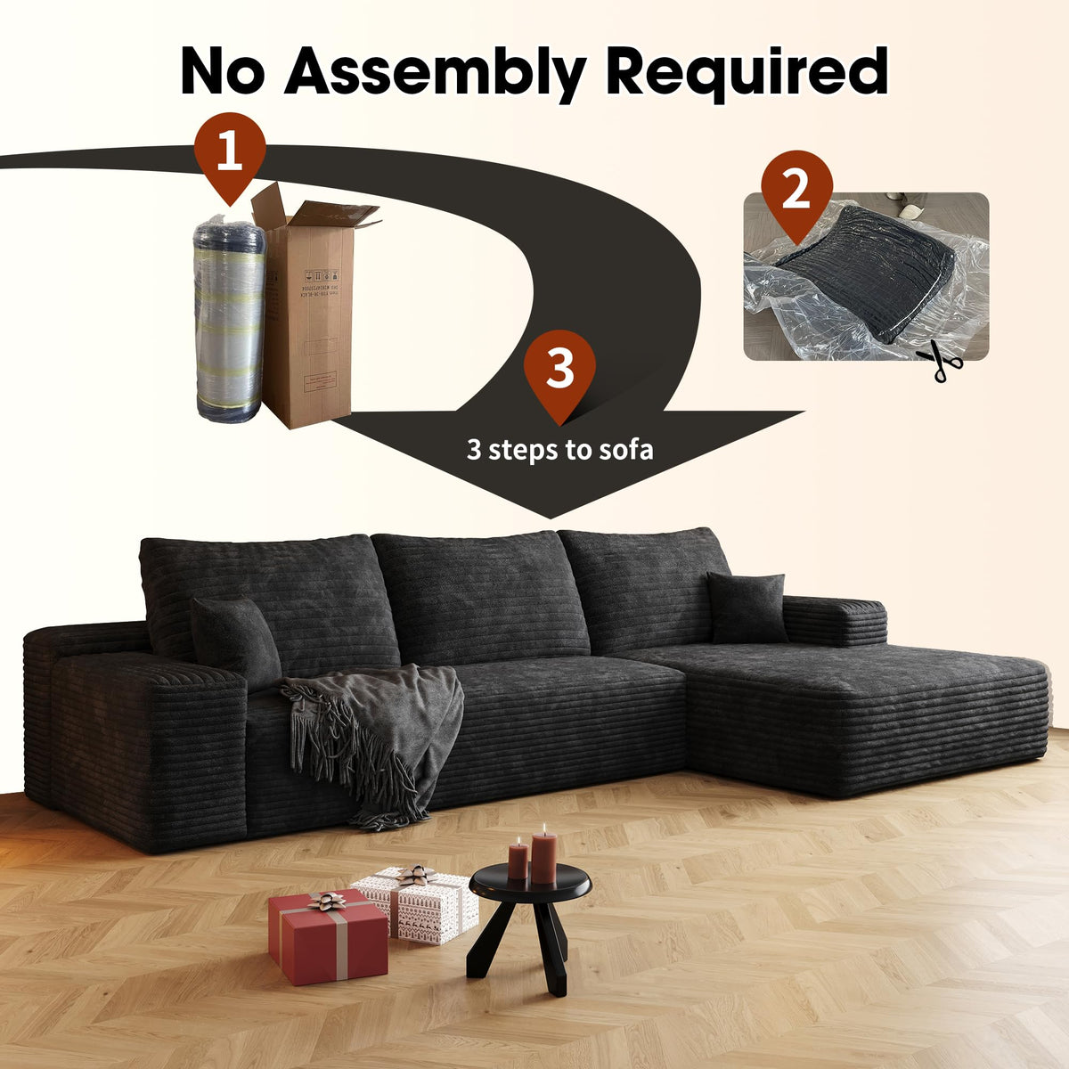 107" Cloud Sectional Couch with L Shape Chaise,Modular Sofa with Deep Seat, Upholstered Couches for Living Room Bedroom,No Assembly Required, Black(Plush Corduroy Fabric) IK741
