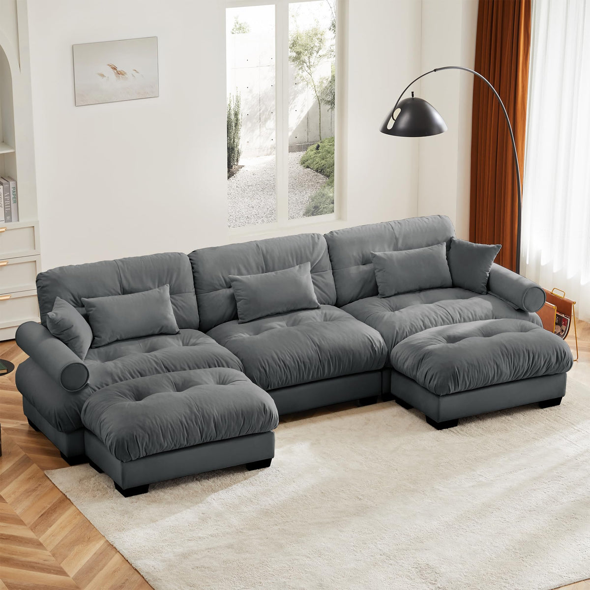 130" Modular Sectional Sofa,Velvet Upholstered Couches for Living Room,3 Seater Green Sofa Couch with Movable Ottoman,Big Comfy Loveseat Sofa with Deep Seats for Living Room,Apartment,Bedroom