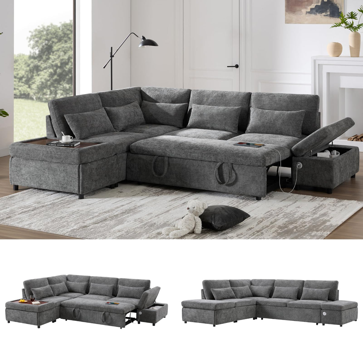 130" Cloud Couch Sectional, Boneless Couch, Corduroy Sofa for Living Room, U Shaped Modular Sofa with Chaise, No Assembly, 4 Seats Oversized, Black