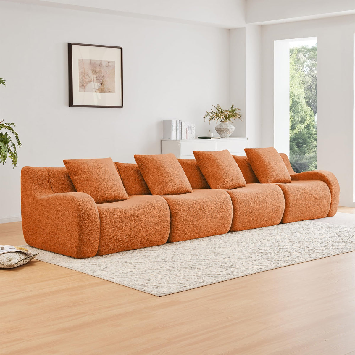 Tidyard 4-Seat Boneless Sofa in Orange, Teddy Fabric, No Assembly Needed, Curved Armrests, Anti-Slip Base, 32D High-Density Sponge, for Living Room or Study