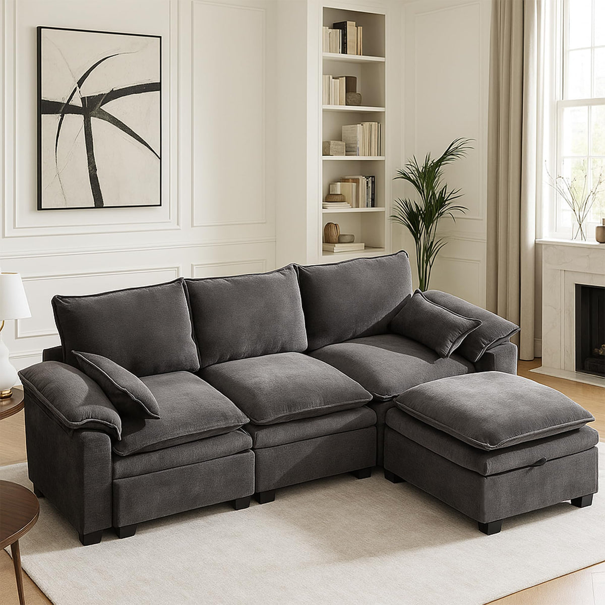 130" Modular Sectional Sofa with Storage, Premium Chenille Cloud Couch with Movable Ottomans, 1200lbs Heavy Duty Deep Seat Sectional, High-Density Foam (Gray, 4 Seater & 2 Ottoman)