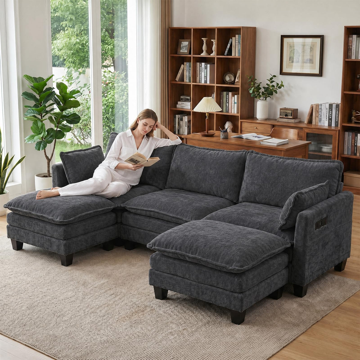 108" Modular Sectional Sofa Cloud Couch - L Shape Sofa with Charging Station Side Storage - Chenille Comfy Couches with Ottoman Movable for Living Room Bedroom Apartment Office, Black