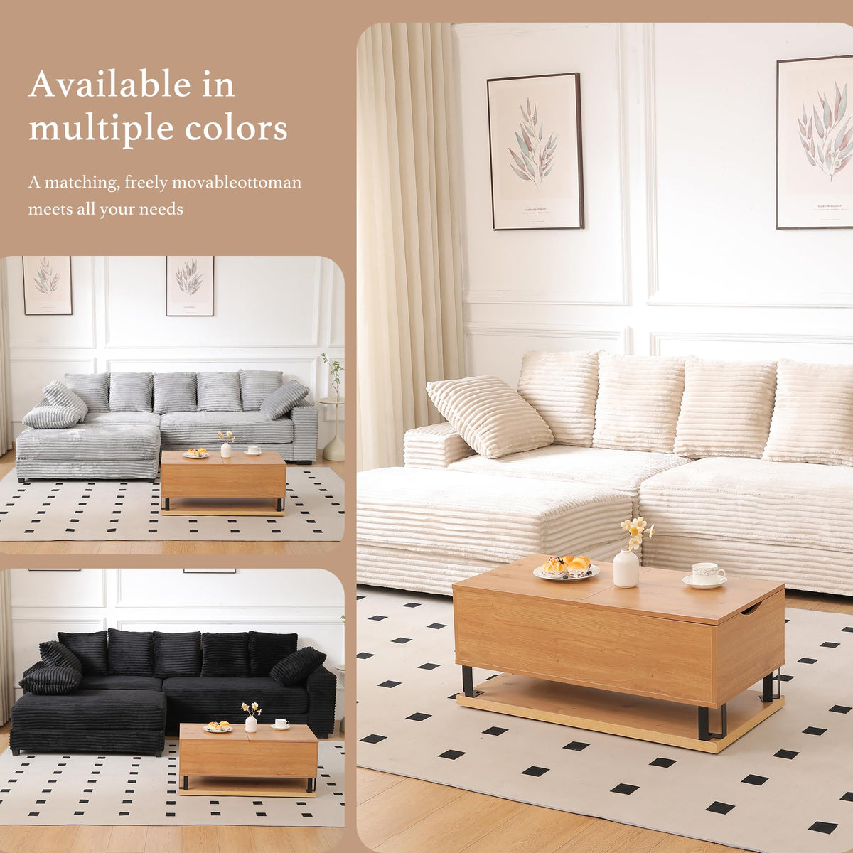 108.6" Sectional Sofa, Thickened Corduroy Sectional Couches for Living Room,Comfortable L Shaped Chaise Sectional Sofa with Storage Ottoman,Eight Throw Pillows,Beige HN428