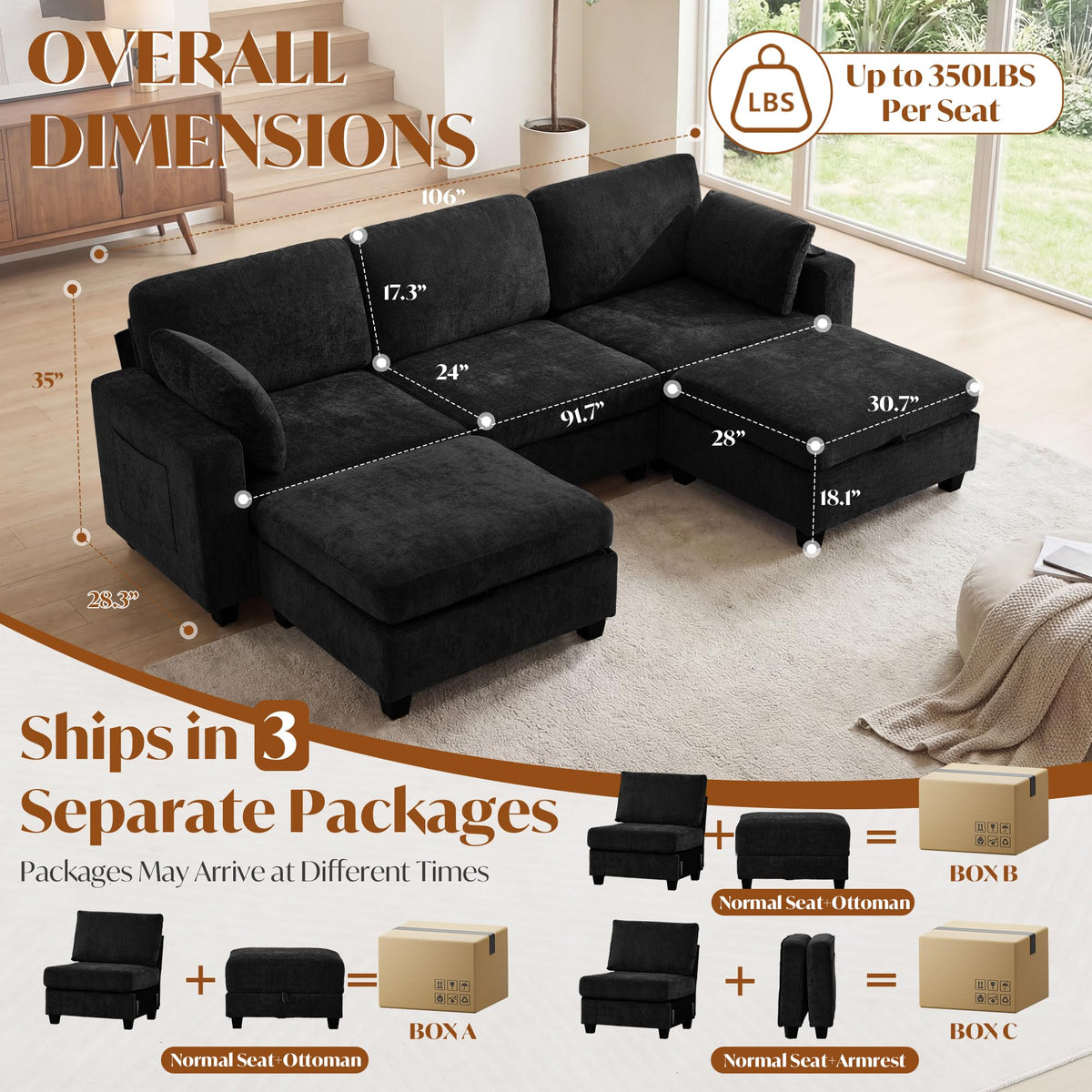 URRED 106" Modular Sectional Sofa with Storage, Convertible U Shaped Couch with Movable Ottoman, 5 Seat Modern Chenille Sectional Sofa for Living Room (Black, 106'')