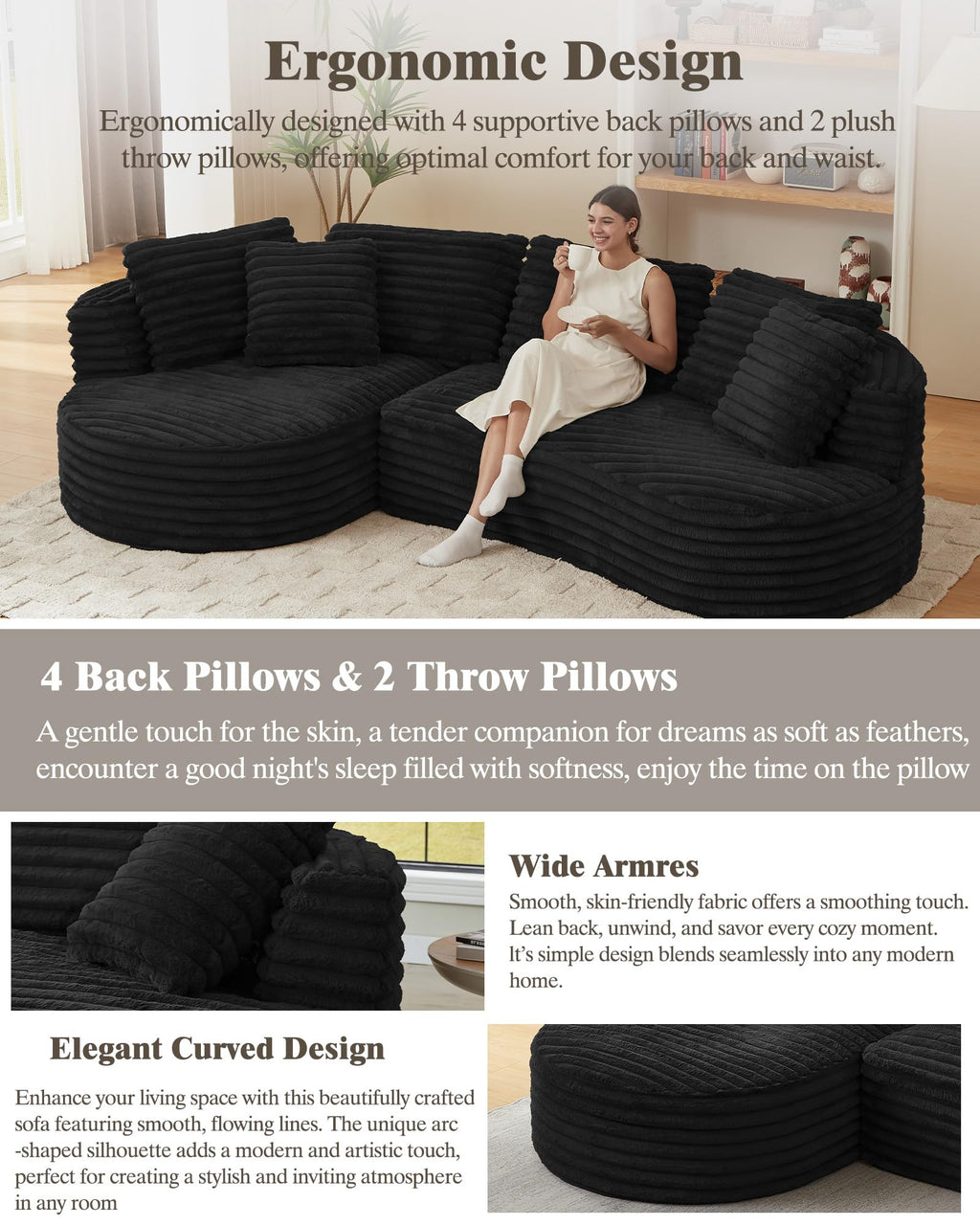 121 inch Boneless Cloud Modular Sectional Couch, Wide Curved L Shaped Sofa with Chaise | Corduroy Fabric | Compressed Foam Sofa for Living Room | No Assembly Black