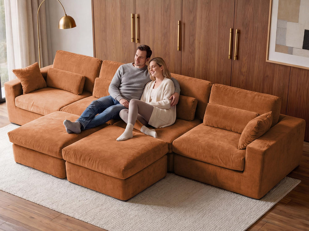 WEUP 160" Oversized Modular Sectional Sofa, Boneless Couch for Living Room, Modern Comfy U Shaped Cloud Couch Sectional with Movable Ottoman, Lumbar Pillows, 26.8" Extra Deep Seat, Terracotta Orange