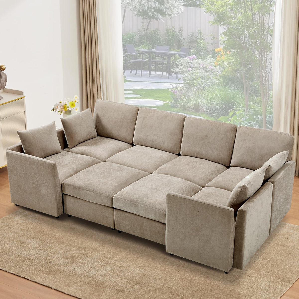 Tbfit U Shaped Couch 8 Seat, Sectional Sofa for Living Room,Chenille Cloud Couch with Ottoman, Khaki