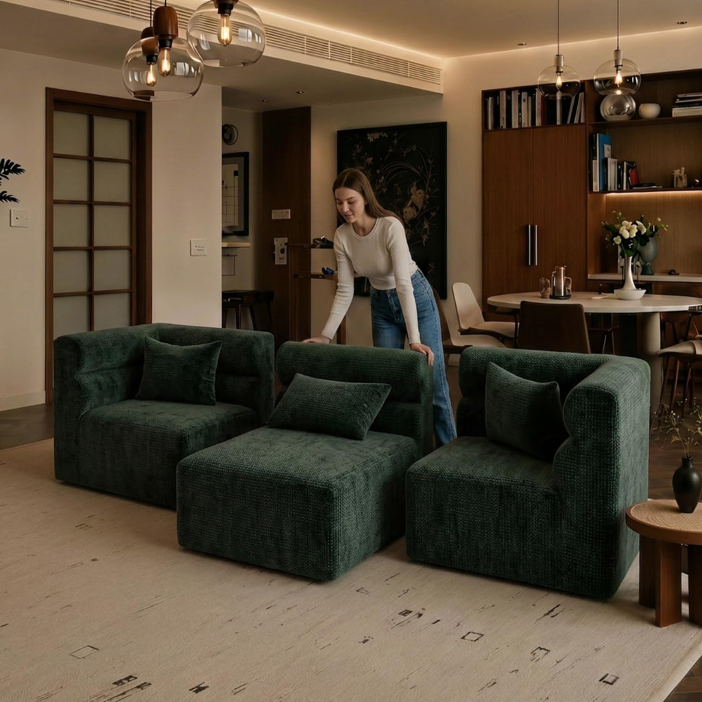113.38" Modular Sectional Sofa, No Assembly Required Cloud Couch with Deep Seat & Chaise, Modern L-Shaped Boneless Sofa in a Box for Living Room, Apartment, Deep Turquoise Green