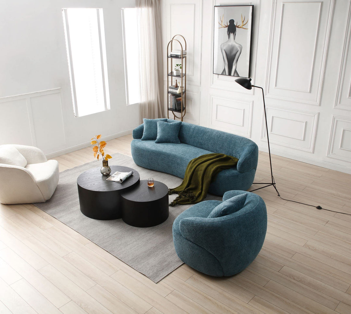 Tidyard Blue Mid Century Modern Curved Sofa, 3-Seater Boucle Fabric Couch for Living Room, Bedroom or Office – No Assembly Needed, Comfortable Upholstered Design, 86.? W