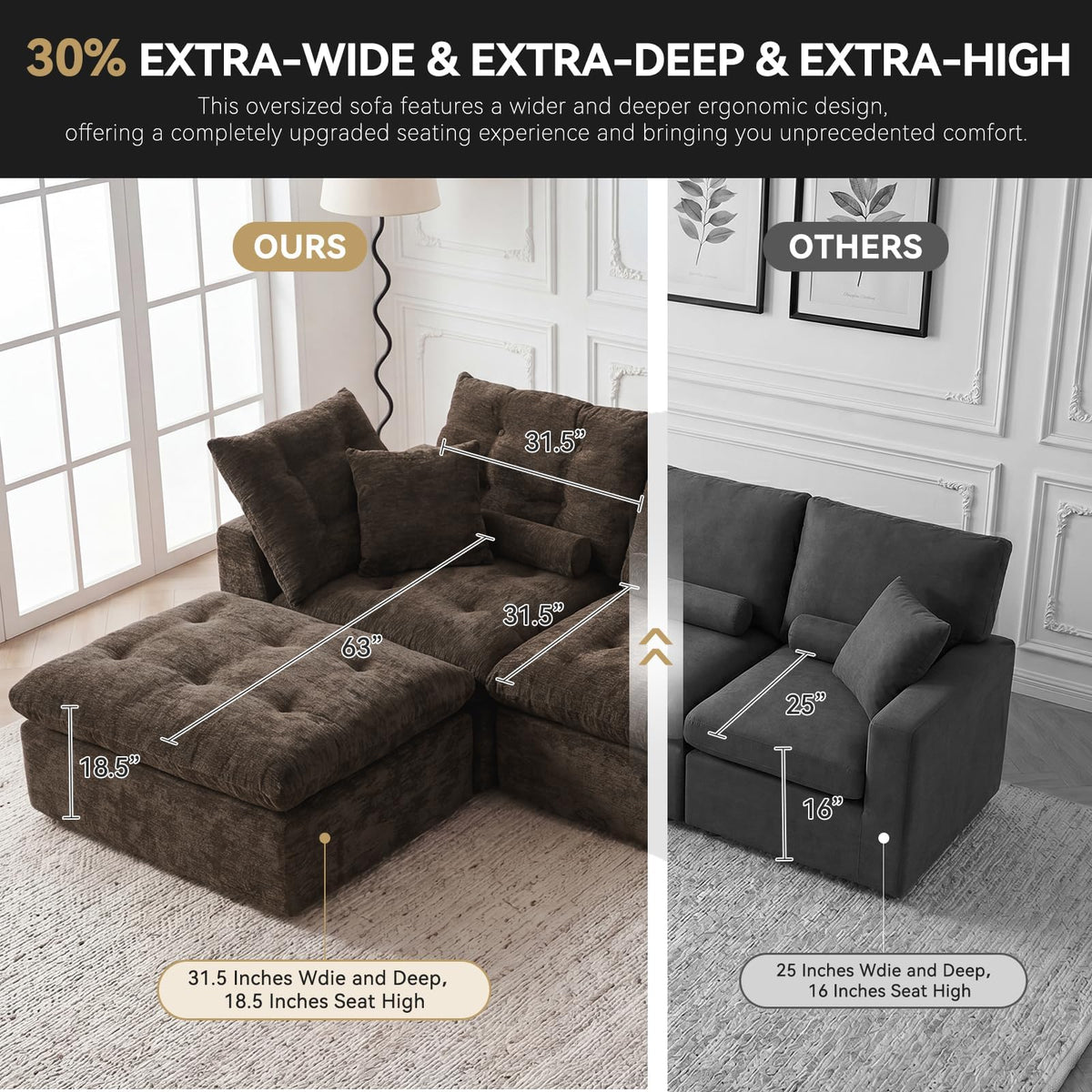 110" Living Room Sofa Set, Chenille Tufted Couch and Loveseat Sets for Living Room, Modular Sectional Boneless Couch with Ottoman & Throw Pillows, Brown