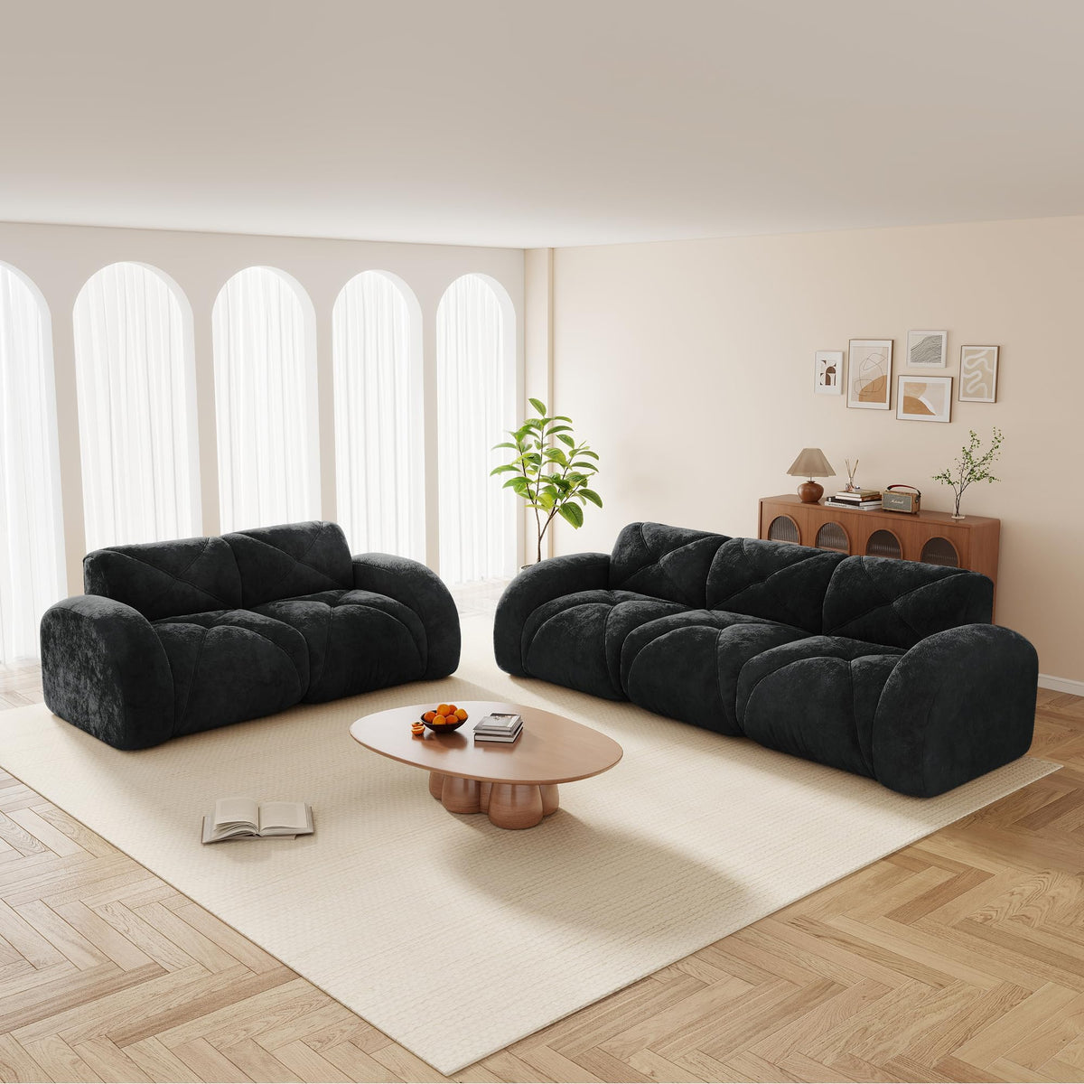 U-Shaped Boneless Sofa, Tufted 32d High Density Sponge Bottom, Anti-Slip Design, No Assembly Required, Free Combination, Movable Ottomans for Living Rooms, Home Theater, Blue
