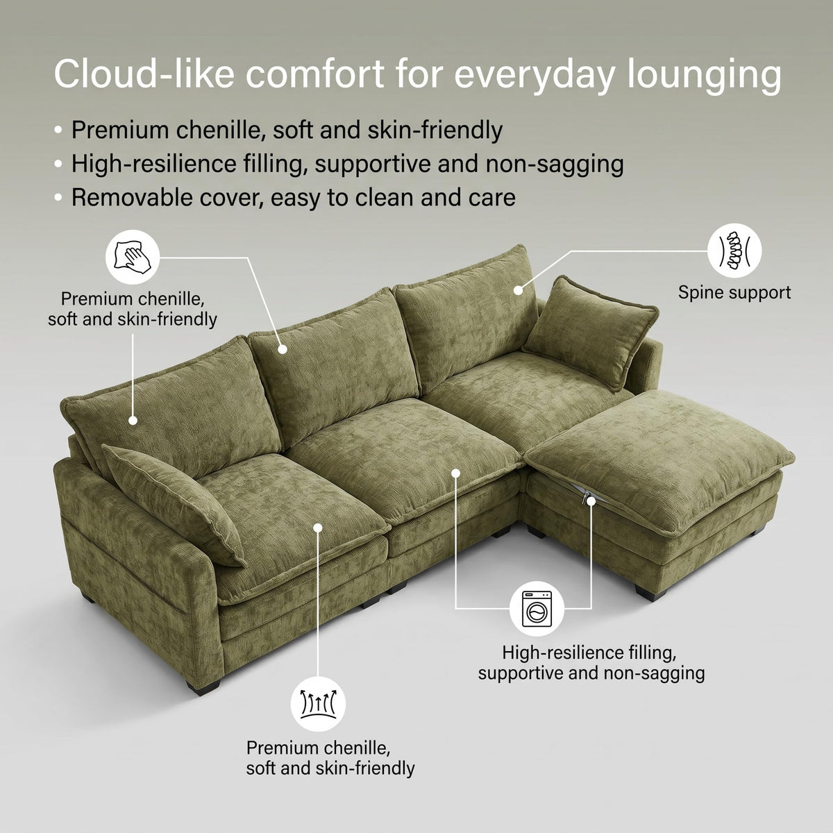 107.9" Modular Chenille Sofa, 3 Seat Cloud Couch with Movable Ottoman, Modern Deep Seat Couch with USB Ports & Side Pockets for Living Room Apartment (Green)