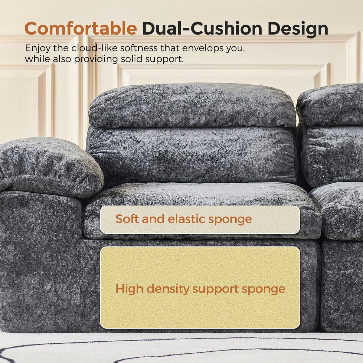 115.7" L Shaped Modular Sectional Sofa with Ottoman, Cloud Boneless Couch, Upholstered Sofa in a Box, Flexible Module Combination for Living Room, No Assembly, Grey