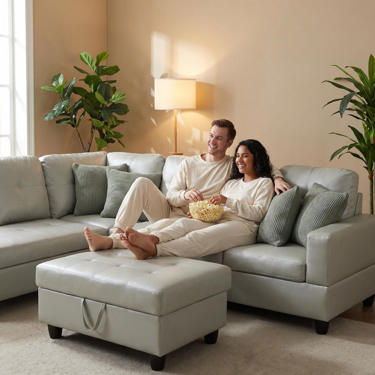 103.5" Sectional Couch with Movable Ottoman, L Shaped 4 Seater PU Faux Leather Sofa w/Chaise Lounge, Comfy Modern Modular Couch for Living Room, Apartment, White Stripes, Right, 3PCS