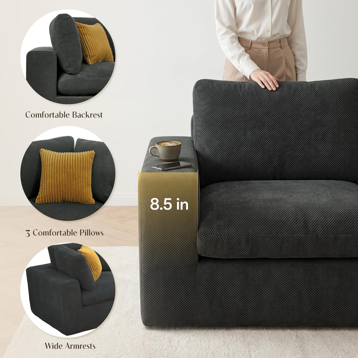 120" Oversized Modern Boneless Couch with Deep Seat,L-Shaped Upholstered Cloud Sectional Couch for Living Room,6 Seater Corner Sofa,No Assembly Required,Dark Gray