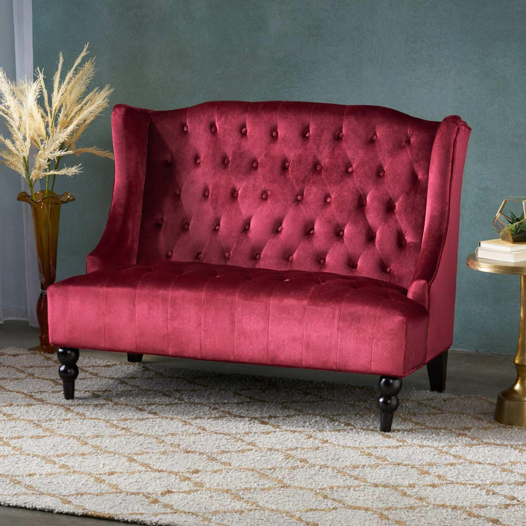 Velvet Loveseat Sofa, 2-Seat Tufted Wingback Couch with Diamond Button Tufting and Turned Legs, Modern Glam Accent Seating for Living Room, Foyer, Entryway, Wine RED