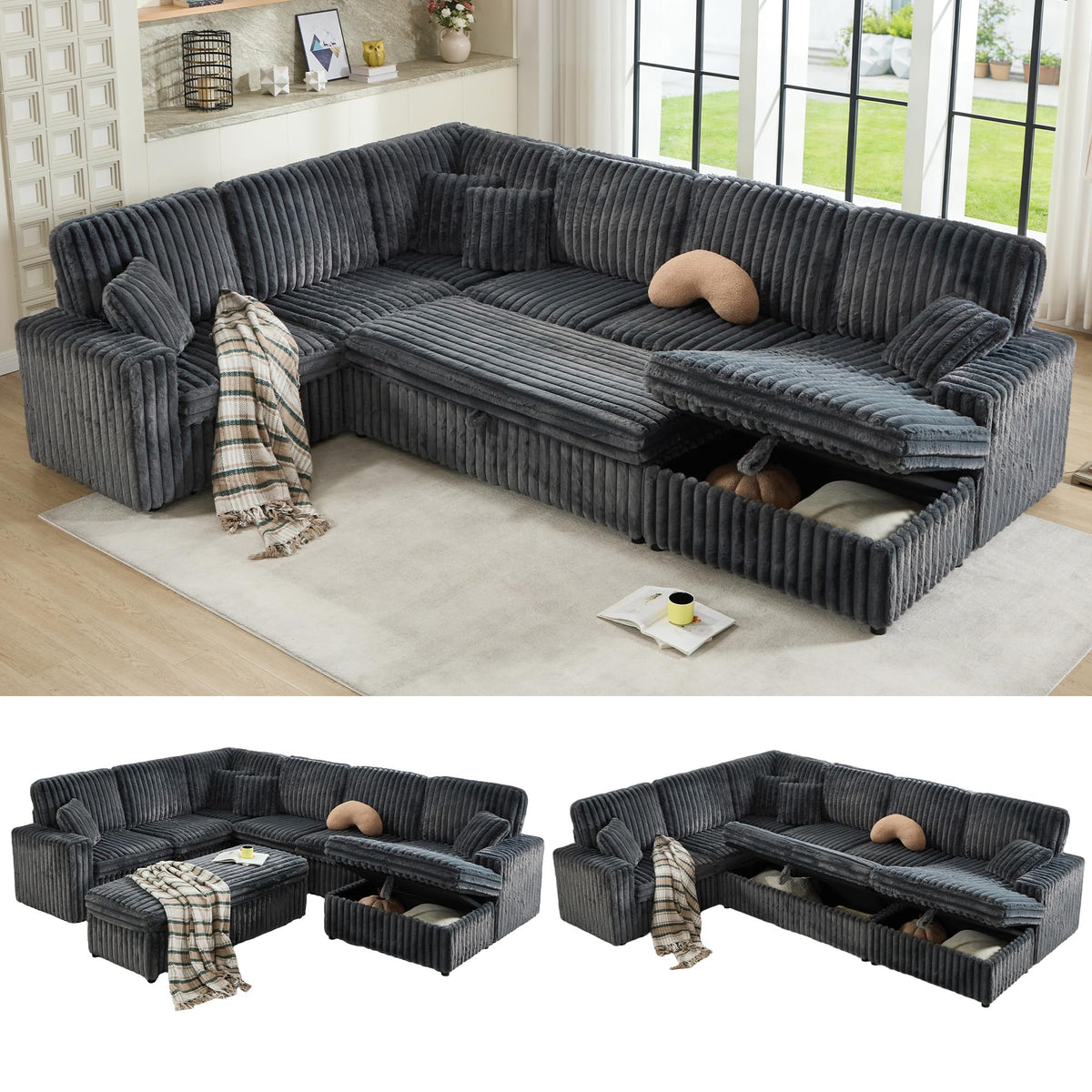 130" Sectional Couches for Living Room,Sectional Couch with Storage,Black