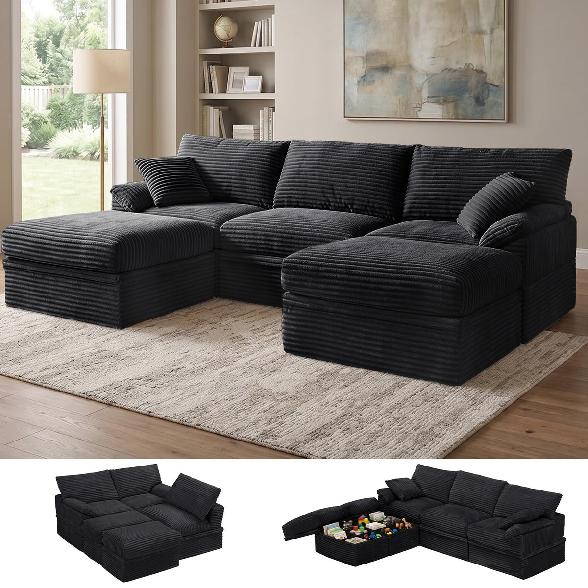 107'' Modular Sectional Sofa with Storage, L-Shaped Boneless Couch