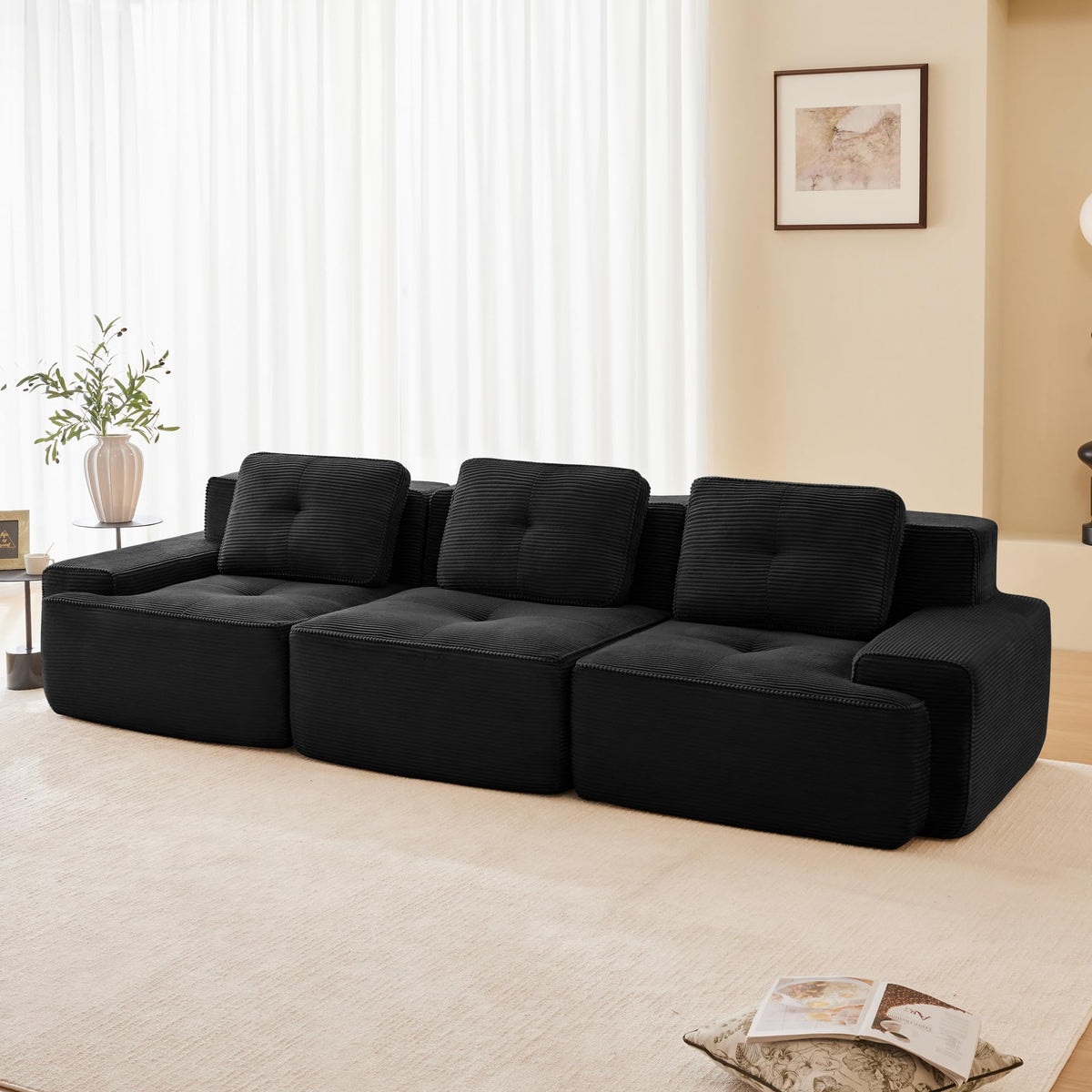 Tidyard 11? Modern Modular Sectional Sofa for Living Room, Corduroy Fabric, Oversized 3-Seater Couch with Deep Seat, Pearl Piping, Tufted Design, No Assembly, Anti-Slip Base, Black