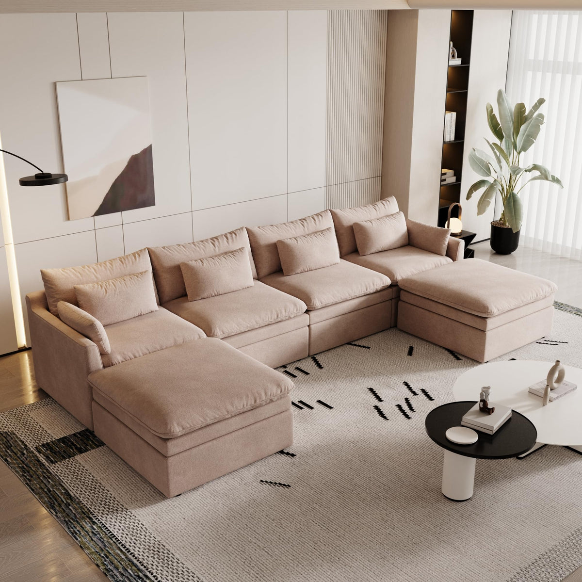 120" Cloud Couch Modular Sectional Sofa for Living Room, 3-Seater with Ottoman, Modern Sofa with Small Pillows Deep Seat L Shapedd Couch Covers Removeble Comfy Linen Khaki
