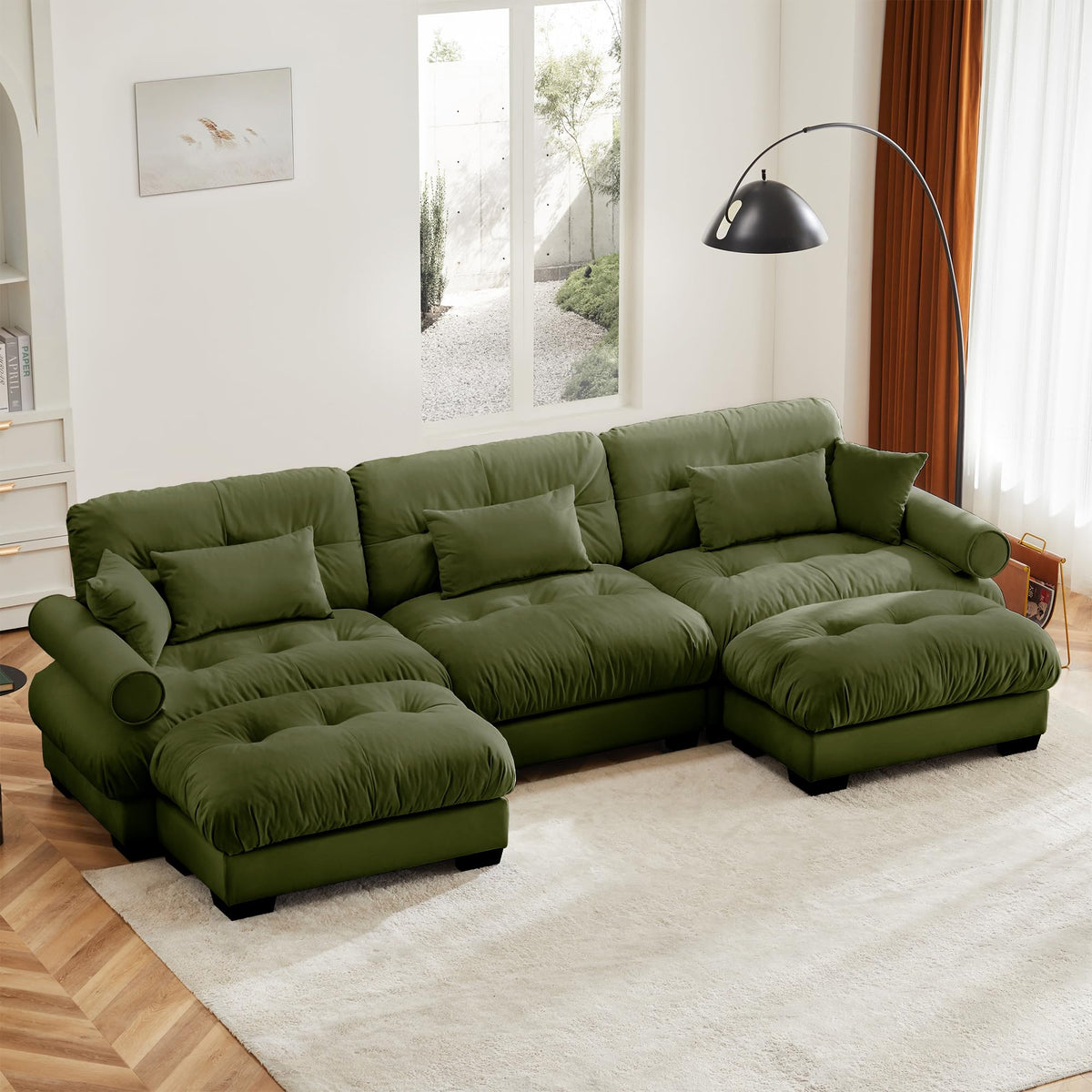130" Modular Sectional Sofa,Velvet Upholstered Couches for Living Room,3 Seater Green Sofa Couch with Movable Ottoman,Big Comfy Loveseat Sofa with Deep Seats for Living Room,Apartment,Bedroom