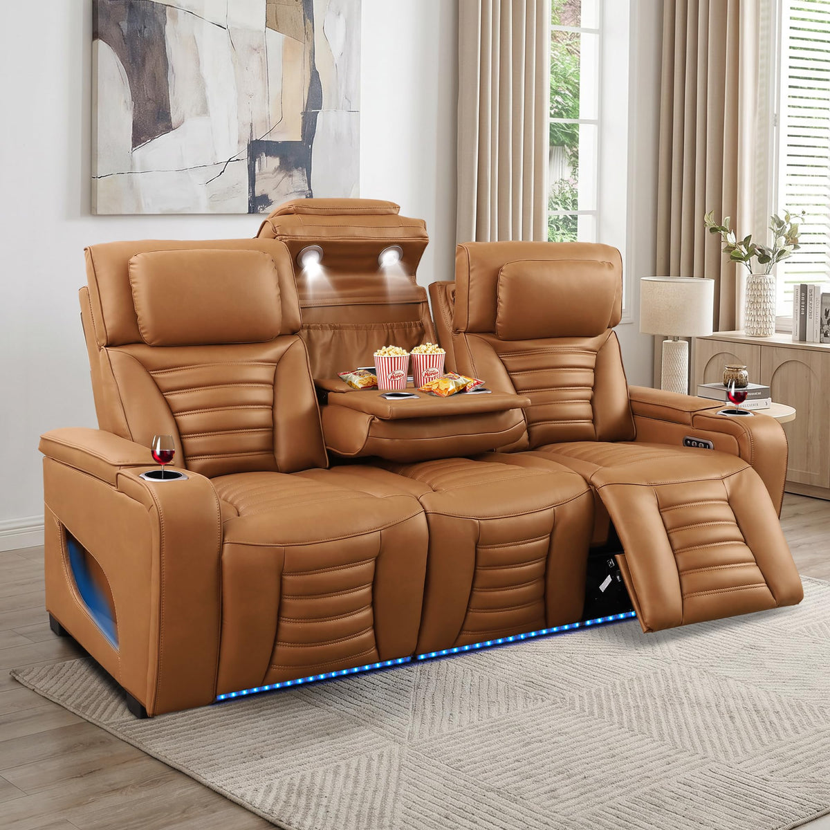 Zero Gravity Power Reclining Sofa Adjustable Headrest & 7 Colors LED Lighting, Power Recliner Sofa with Reading Lighting, Armrest Storage for Home Theater, RV