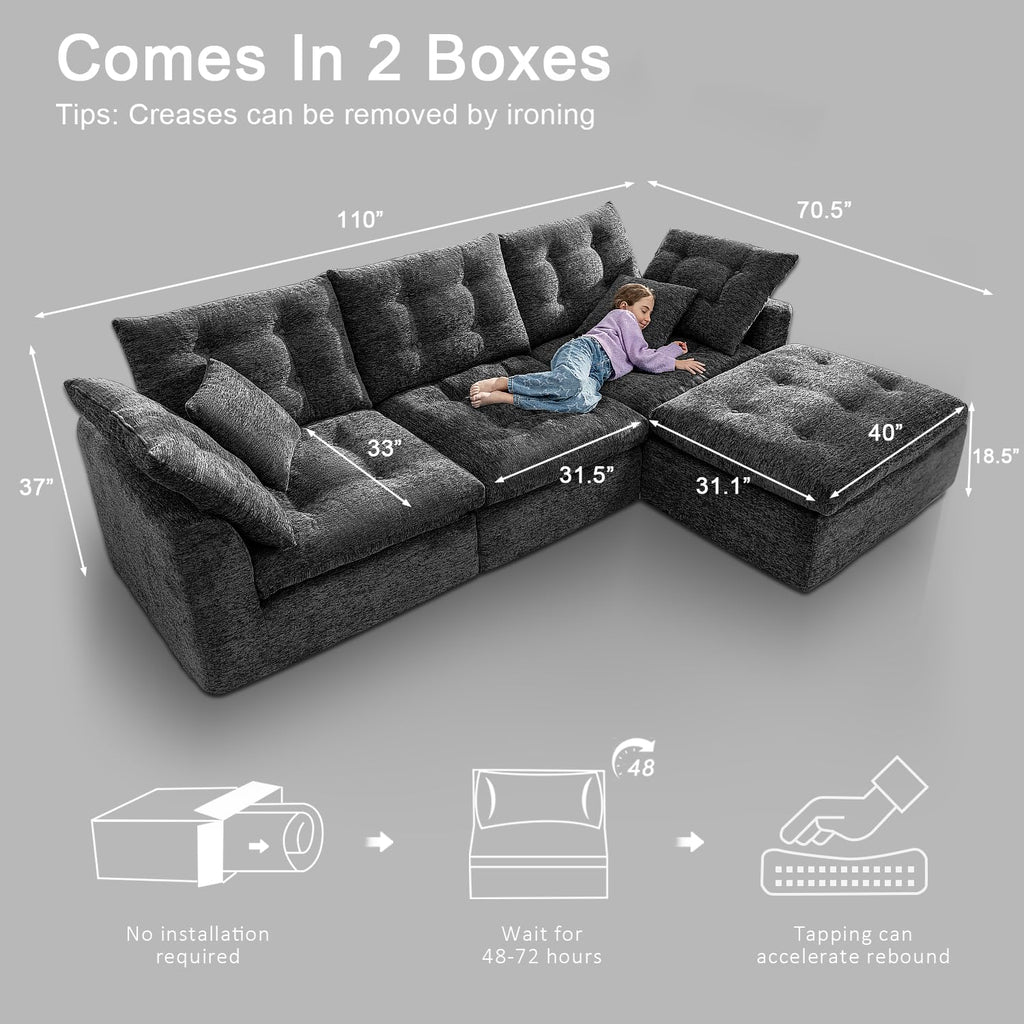 110" Oversized Cloud Sectional Boneless Couch, Modular Chenille L-Shaped Compressed Sofa with Ottoman & 3-in-1 Multi-Purpose Pillow, 3 Seater Memory Foam Couches for Living Room, Gray
