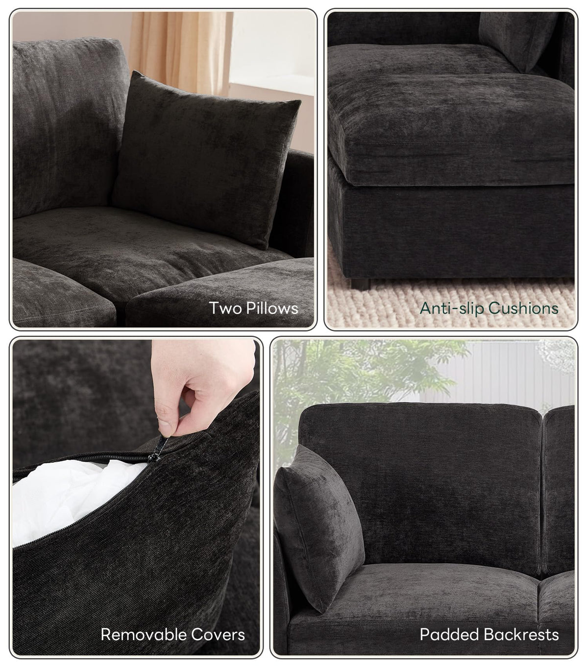 Tbfit 85" Convertible L Shaped Couch, Sectional Sofa for Living Room,Chenille Cloud Couch with Ottoman 4 Seat, Black