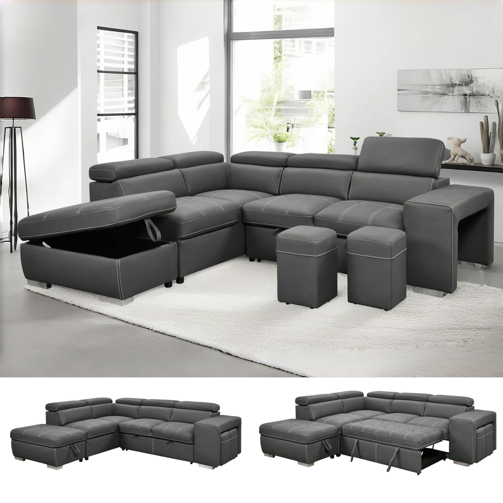 THSUPER 104'' Microfiber L Shaped Sectional Sleeper Sofa Couch with Pull Out Bed and Storage Ottoman, Convertible Couches with Adjustable Headrest for Living Room, Left Facing Chaise. Charcoal Grey