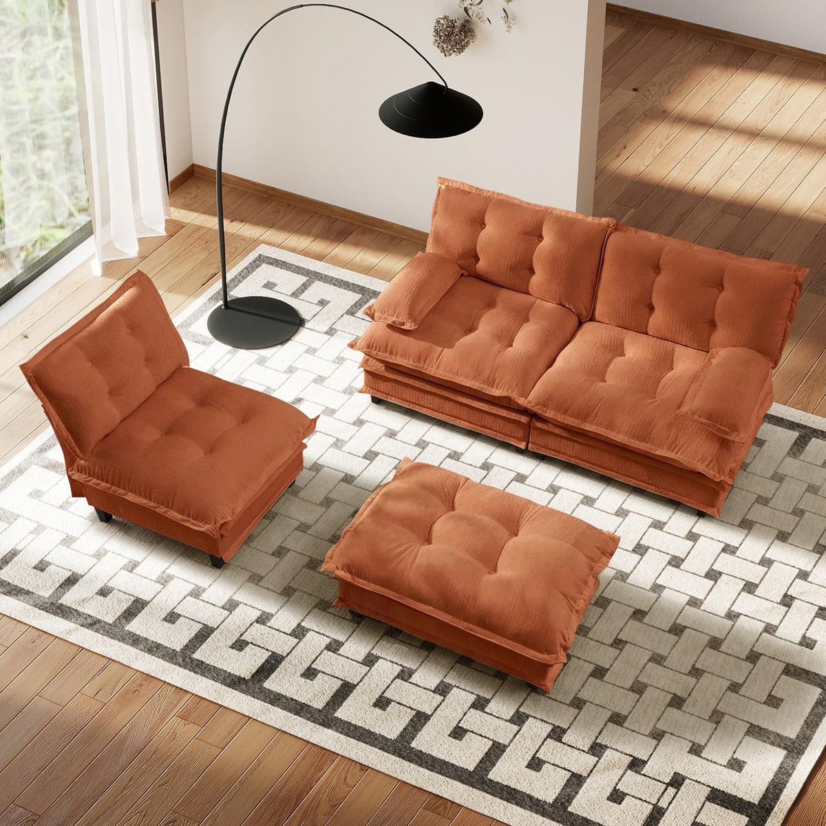 107.5" Modular Sectional Sofa-Chenille Deep 3 Seater L-Shaped Cloud Couch with Ottoman, Button Seat Cushions for Living Room & Apartment, Orange