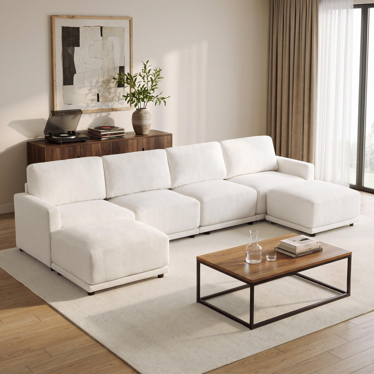 110.6" Modular Sectional Sofa with Ottoman, Upholstered L Shaped Sectional Couch with Thick Cushions, Oversized Chenille Comfy 4 Seater Sofas for Living Room, Easy Assembly, White
