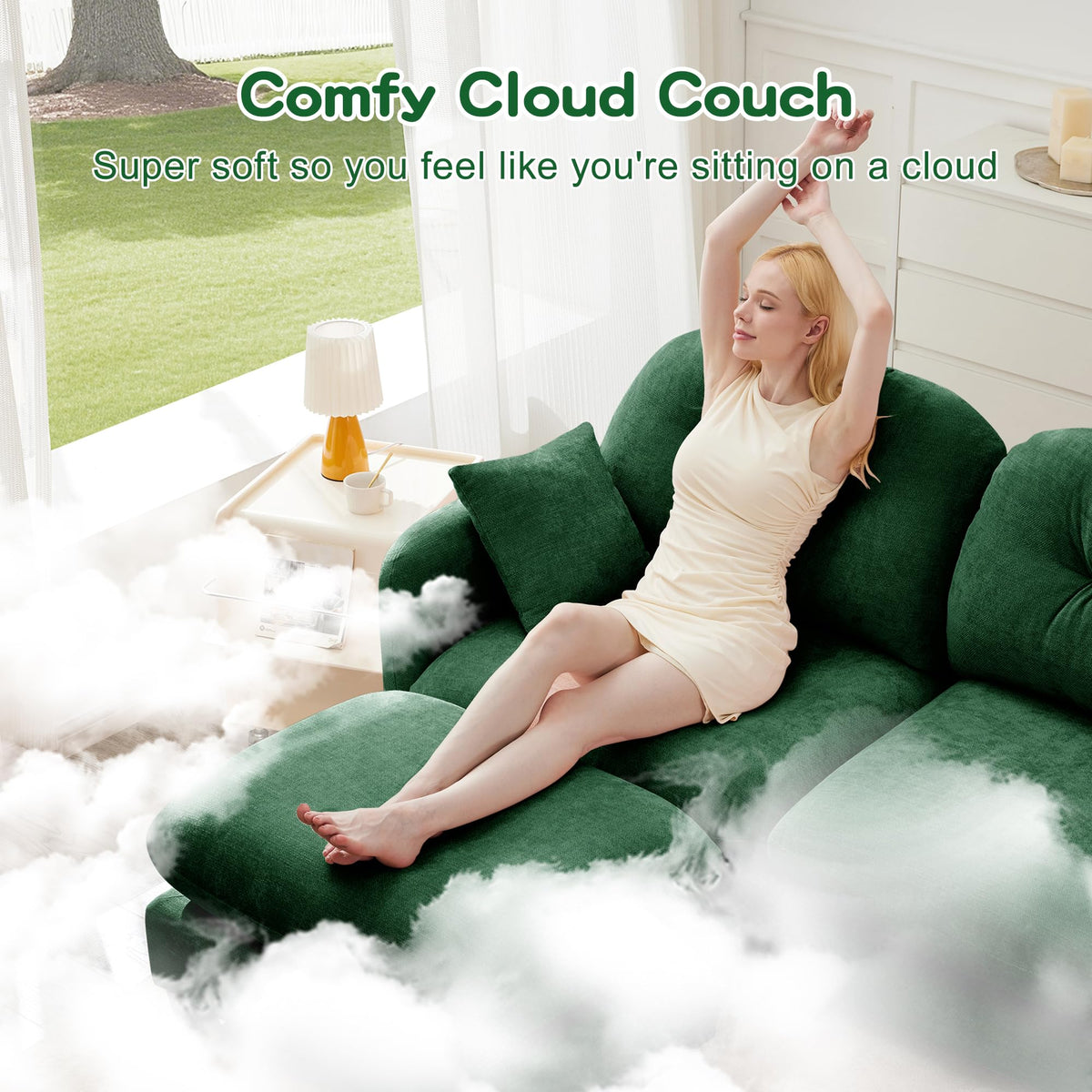 Tidyard Modular L-Shaped Sectional Couch with Ottoman, Soft Chenille Fabric, Ergonomic Design, Tufted Backrest, Easy Assembly, Fits Living Room, Bedroom, or Reading Nook, Green