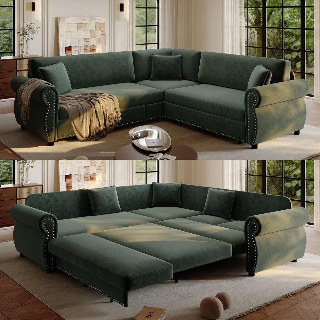 118" Sleeper Sofa Bed, Sectional Couches for Living Room/Apartment, Chenille L Shaped Couch with Pull Out Couch Bed, Convertible Sectional Sofa with Rolled Arm & Nailhead Trim, Green